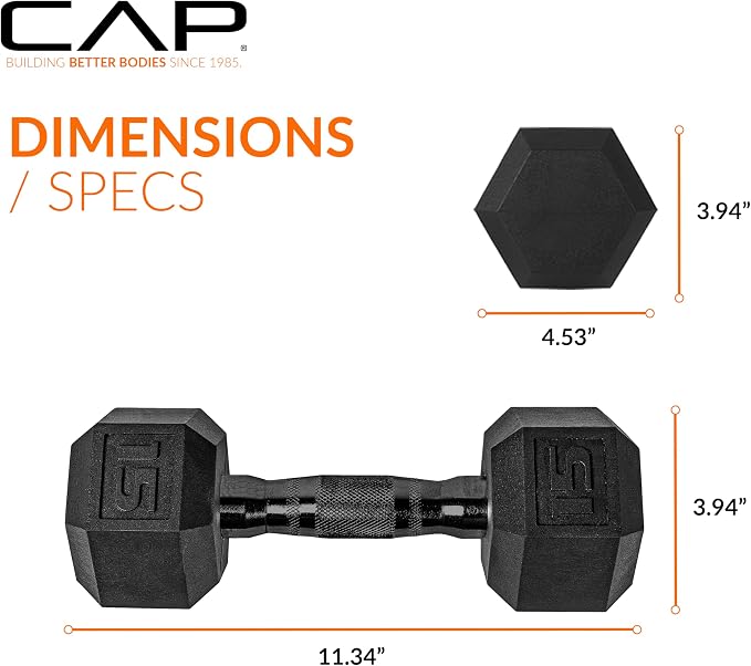 CAP Rubber Coated Dumbbell Weights, Free Weights for Home Gym Strength Training, Anti-Roll Hex Dumbbells with Black, Chrome & Comfort Grip Handles, Pairs & Sets