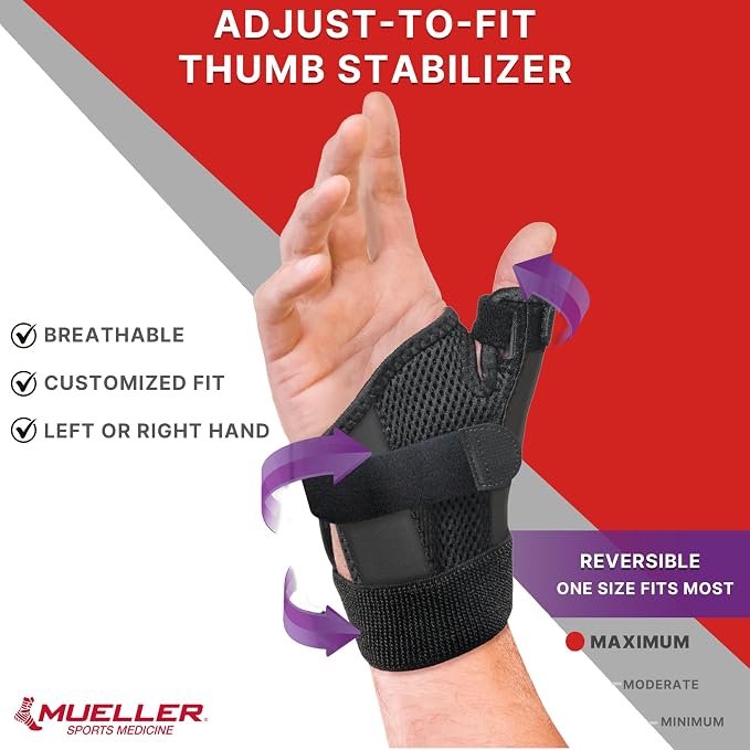 MUELLER Sports Medicine Adjust-to-Fit Thumb Brace, Spica Splint, Thumb Pain Relief Stabilizer for Men and Women, Ideal for De Quervain's Tenosynovitis, Arthritis, Sprains, Fits Right or Left, Black, One Size