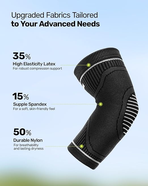 Rakiie Elbow Compression Sleeve 2 Pack, High Elastic Elbow Brace for Tendonitis and Tennis Elbow for Women & Men, Elbow Sleeve for Tennis, Golfer, Badminton, Weightlifting, Grey XL