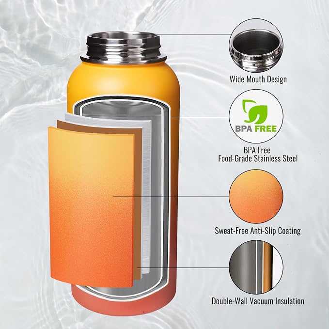 Fijinhom Insulated Water Bottle with Handle, 304 Stainless Steel Water Bottles with Wide Mouth, Double Wall Vacuum Sports Water Bottle, BPA Free, Keep Cold and Hot, 32 Ounces Yellow&Orange