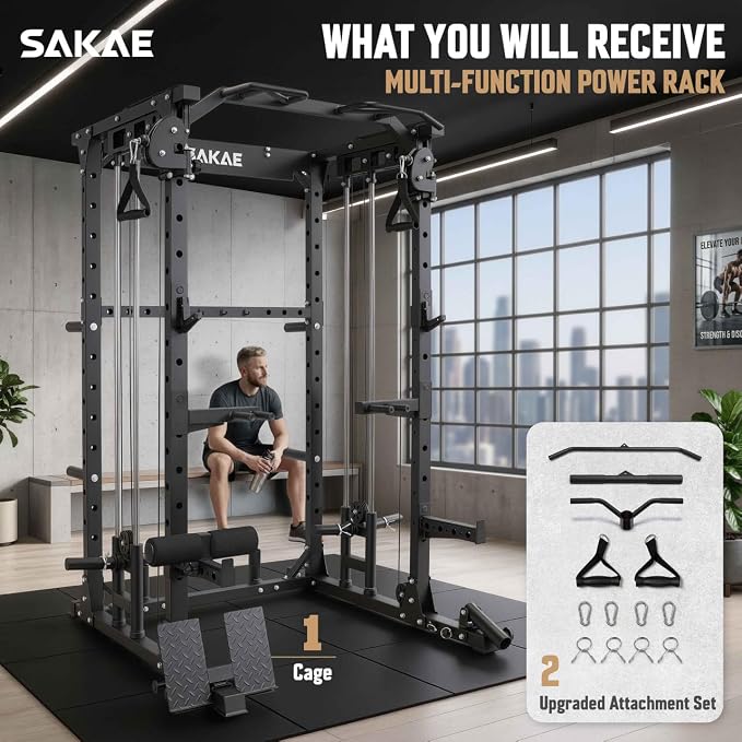 SAKAE Squat Rack with Cable Crossover System, Power Rack with LAT Pull Down, Pull-Up Bar, Dip Bars, Weight Bench, 260 LB Bumper Plates, 7 FT Olympic Bar & Training Attachments, Multiple Options
