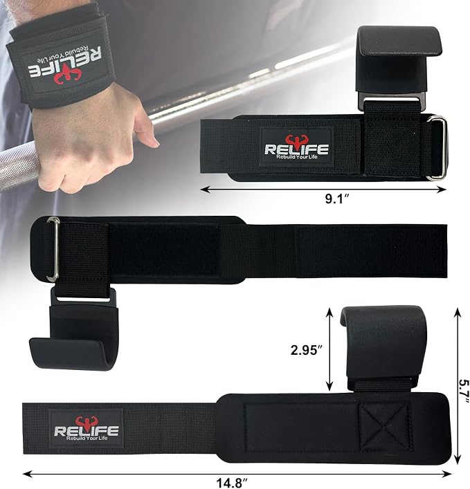 RELIFE REBUILD YOUR LIFE Lifting Hooks for Men and Women(Pair) | Pull Up Straps , Gym Reapers Lifting Wrist Grips, Heavy Powerlifting, Lifting Hooks for Weight Lifting