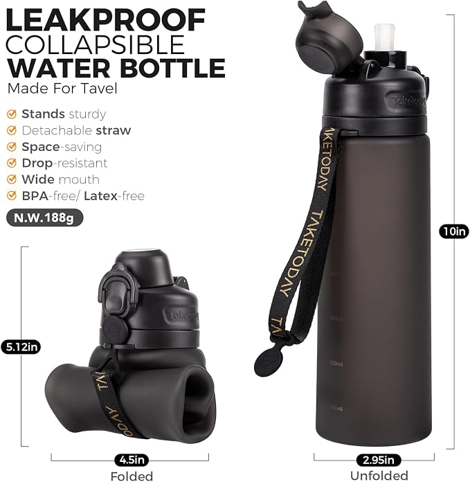 TakeToday Collapsible Water Bottles 21oz (600mL), Foldable Platinum Silicone Travel Water Bottle with Straw & Carry Strap, Leak-Resistant Screw Lid, Wide Mouth, BPA-Free for Hiking, Camping, Travel