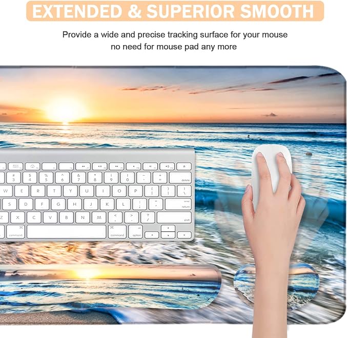 4-in-1 Large Gaming Mouse Pad, Keyboard Wrist Rest Pad & Wrist Support Mousepad Set, Extended Desk Pad Waterproof Desk Mat for Home Office Study Game-Beach