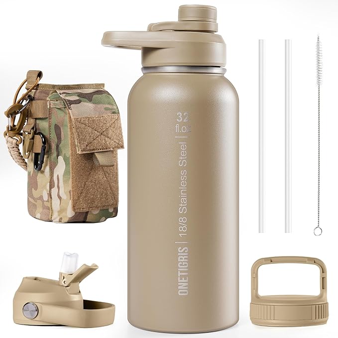 ONETIGRIS 32oz Insulated Tactical Water Bottle with Straw & MOLLE Sleeve | 3 Lids,Keeps Ice Cold 48H Hot 24H,304 Food-Grade Stainless Steel,360° Leakproof Silicone Seal,2 Straws Kit,Paracord Handle