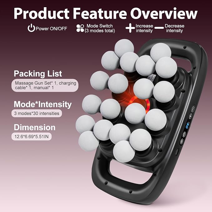 20-Head Deep Tissue Percussion Massage Gun, Portable Handheld Massager | 3 Modes & 30 Speeds, Full Body Muscle Relaxation Tool with Type-C Fast Charging, Quiet Design for Home Gym Office