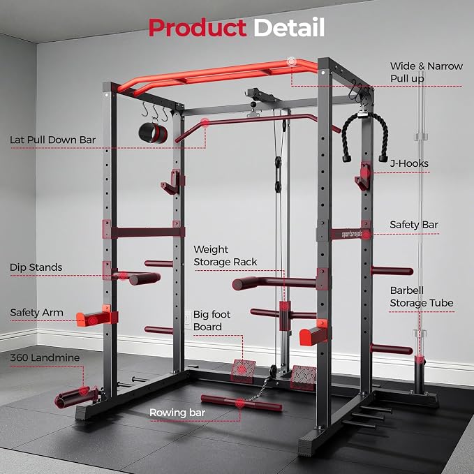 SPORTSROYALS Power Rack, Multi-Functional Power Cage, Squat Rack with Pulley System & LAT Pull Down, Workout Cage with J Hooks for Home Gym