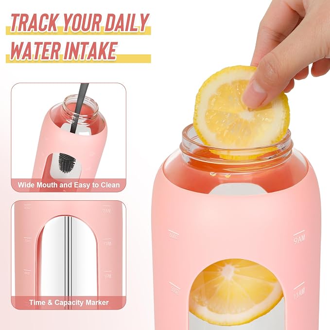 FULBEVY Glass Water Bottles 64 oz - Half Gallon Large Motivational Daily Water Intake Bottle Time Marker - Glass Water Bottle With Straw, Silicone Sleeve 2 Lids, Handle Spout & Bamboo Lid(Pink)