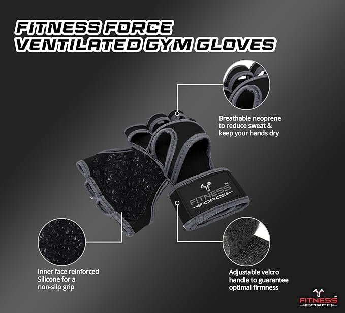 FITNESS FORCE Ventilated Weight Lifting Workout Gloves for Men & Women | Gym Gloves for Men & Women with Built-in Wrist Wraps for Men, Exercise Gloves for Weightlifting, Cycling & Cross Training