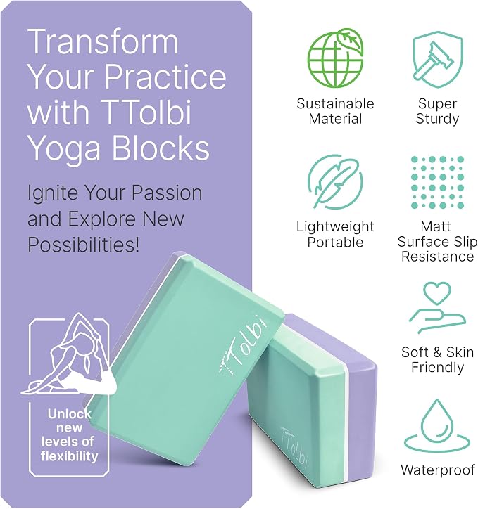 Yoga Blocks 2 Pack with Strap and Guide – Soft Non-Slip EVA Foam Blocks | High-Density Pilates Blocks for Home Workouts, Dance, Ballet, Gymnastics & Stretching Exercise, Dance Accessories and Gifts