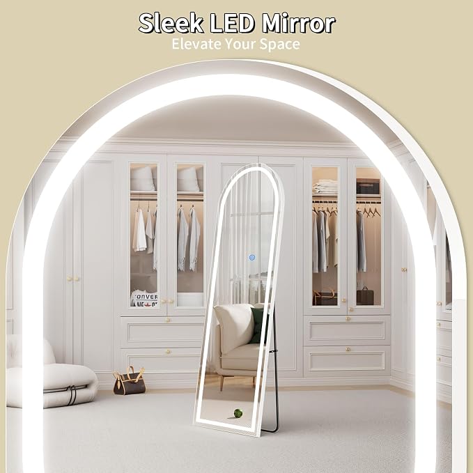 Koonmi LED Full Length Mirror, 71"x32" Full Length Mirror with Lights, Lighted Floor Mirrors with Stand, Full Body Mirrors with Dimming & 3 Color Lightingfor Living Room Cloakroom, White