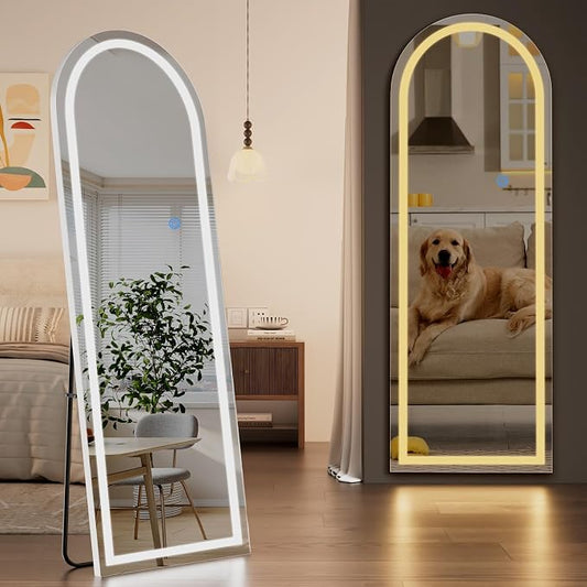 Koonmi LED Arched Full Length Mirror, 65"x24" Full Length Mirror with Lights, Lighted Floor Mirrors with Stand, Full Body Mirrors with Dimming & 3 Color Lightingfor Living Room Cloakroom, White