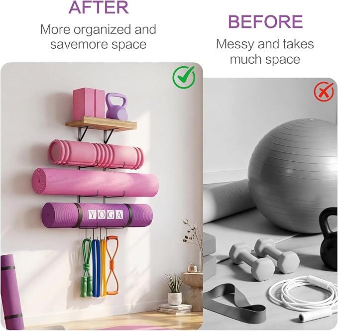 Bikoney Yoga Mat Holder Wall Mount Yoga Mat Storage Home Gym Accessories with Wood Floating Shelves and 4 Hooks for Hanging Foam Roller and Resistance Bands Fitness Home Gym Carbonized Black