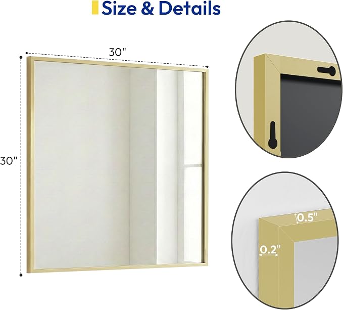30" x 30" Gold Square Wall Mirror, Metal Framed Accent Decor, Boho Chic Bathroom Mirror for Vanity & Bedroom, Vintage Brass Tone