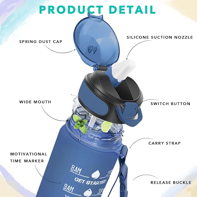 Enerbone 32 oz Water Bottle with Times to Drink and Straw, Motivational Drinking Water Bottles with Carrying Strap, Leakproof BPA & Toxic Free, Ensure You Drink Enough Water for Fitness Gym Outdoor