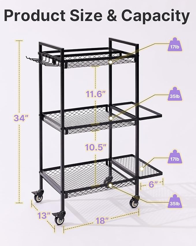 YOTTOY 3-Tier Gym Storage Rack for Home Gym–Multi-Functional Weight Rack, Dumbbell Rack, Yoga Mat Holder with Side Basket & 6 Hooks, Gym Equipment Organizer