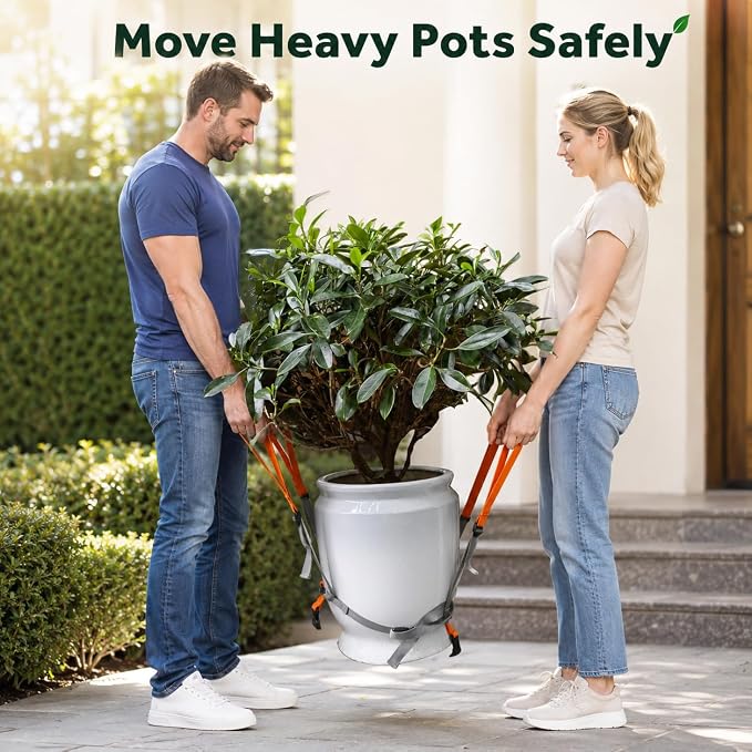 Plant Pot Moving Straps, Adjustable Garden Planter Lifting Strap for Heavy Flower Pots, Trees, Rocks and Landscaping Objects, 9-18 Inch Diameter, Two Person Carrying Harness, Gray Orange
