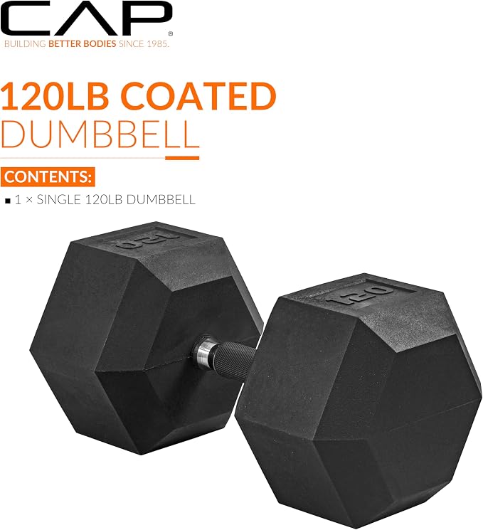 CAP Rubber Coated Dumbbell Weights, Free Weights for Home Gym Strength Training, Anti-Roll Hex Dumbbells with Black, Chrome & Comfort Grip Handles, Singles