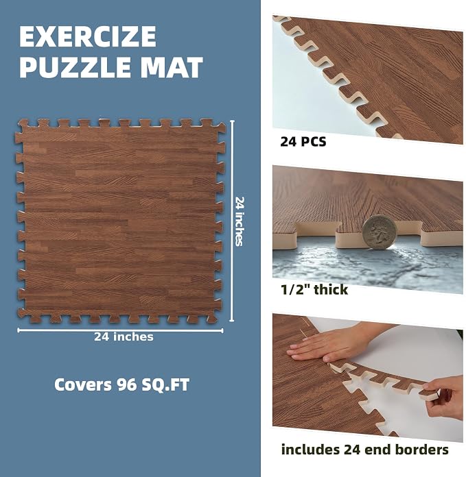 Art3d 96 Sq.Ft Eva Puzzle Exercise Mats, 24"x24" x 1/2" Thick Foam Interlocking Tiles for Flooring, Workout, Gym Equipments, Pack of 24, Dark Walnut