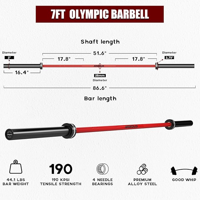 Mikolo 7ft Olympic Barbell, Barbell for Weightlifting and Powerlifting 45lb, Olympic Bar for 1500lbs Capacity, Weight Bar Fit 2” Standard Weights