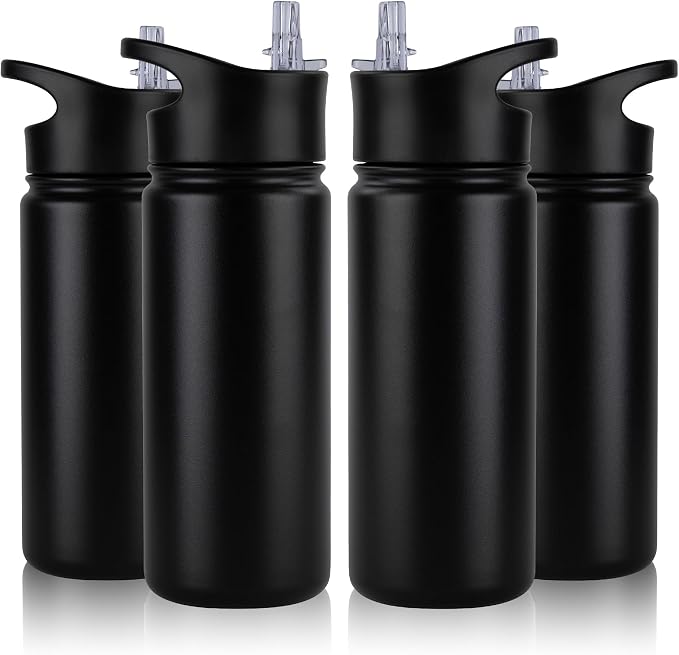 16 oz Insulated Water Bottle Bulk 4 Pack, Straw & Spout Lid, Keep Cold 24H, Spill Proof, BPA-Free, Double Wall, Stainless Steel Kids Water Bottles for School, Sports, Black