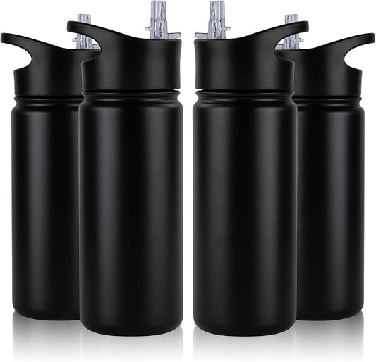 16 oz Insulated Water Bottle Bulk 4 Pack, Straw & Spout Lid, Keep Cold 24H, Spill Proof, BPA-Free, Double Wall, Stainless Steel Kids Water Bottles for School, Sports, Black