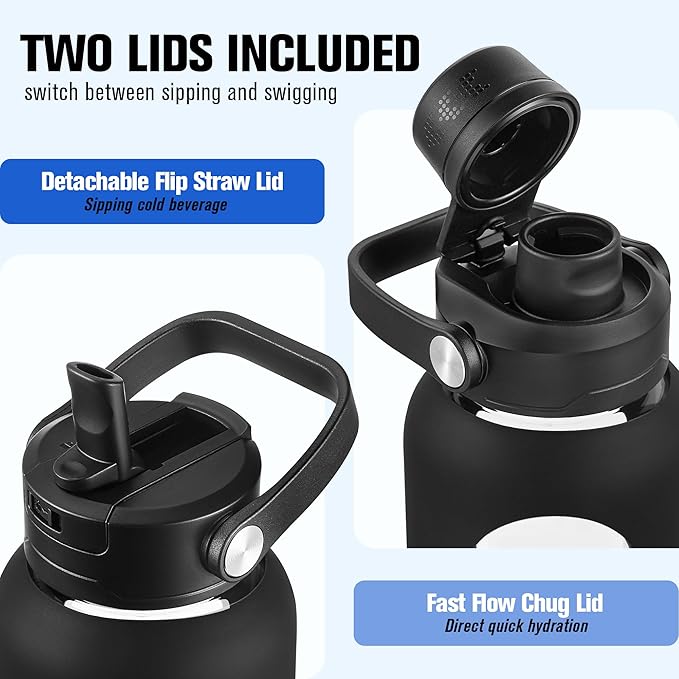 CIVAGO 24 oz Glass Water Bottle with Detachable Straw and Time Maker | Motivational Large Flask Cup with Handle, Leakproof Lids, Wide Mouth, Silicone Sleeve, Tumbler for Juice, Black