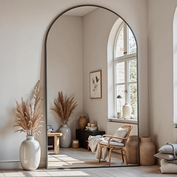 Floor Mirror, 81"x41" Oversized Full Length Mirror with Stand, Arched Full Body Mirror Standing Hanging Leaning Against Wall, Aluminum Frame Giant Mirrors for Bedroom Cloakroom, Black