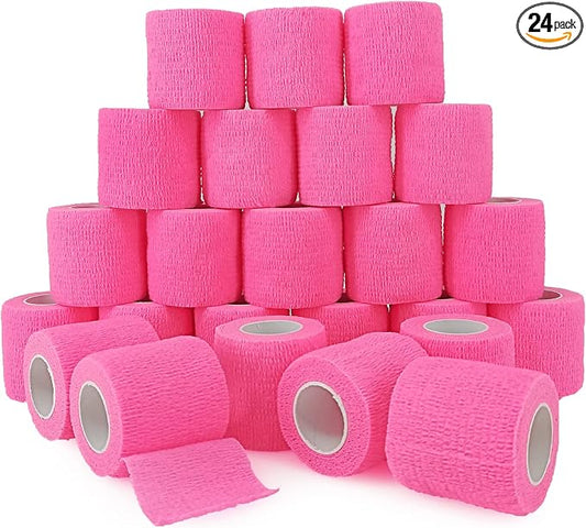 24 Pack Self Adhesive Bandage Wrap 2 Inch, Athletic Elastic Non Woven Cohesive Bandage for Sports, First Aid Medical, Wrist, Ankle Sprains, Swelling and Vet Wrap (Hot Pink)