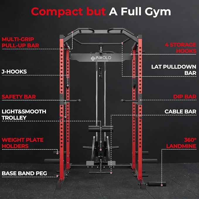 Mikolo F4 2.0 Power Cage with Dual-Track Smooth Pulley System, 1200LBS Power Rack with Leg Hold-Down for Heavy LAT Pulldowns