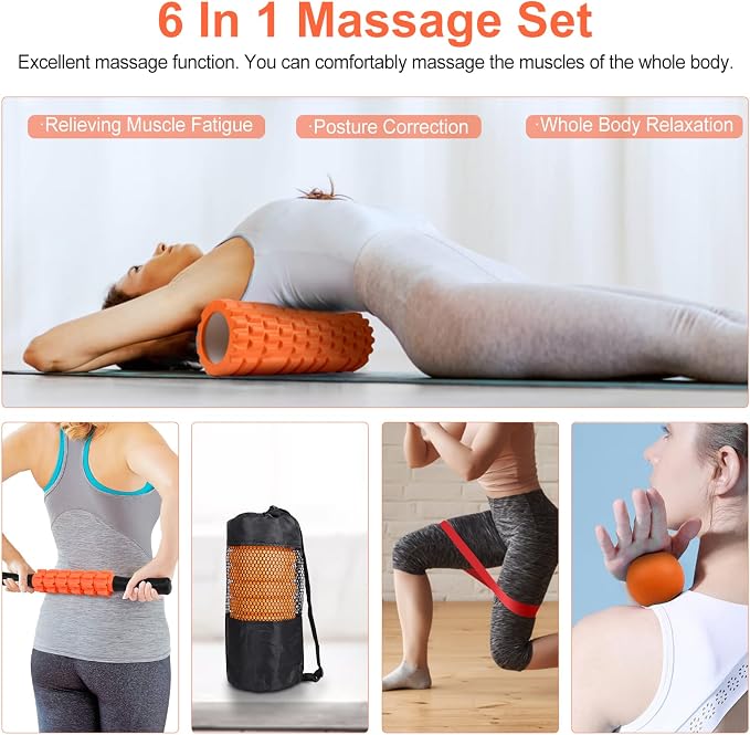 Aucuu 6 in 1 Foam Roller Set Includes Hollow Core Massage Roller, Yoga Stick, Massage Ball, Fitness Stretching Strap, Carrying Bag, Towel, Massage Roller (Orange)