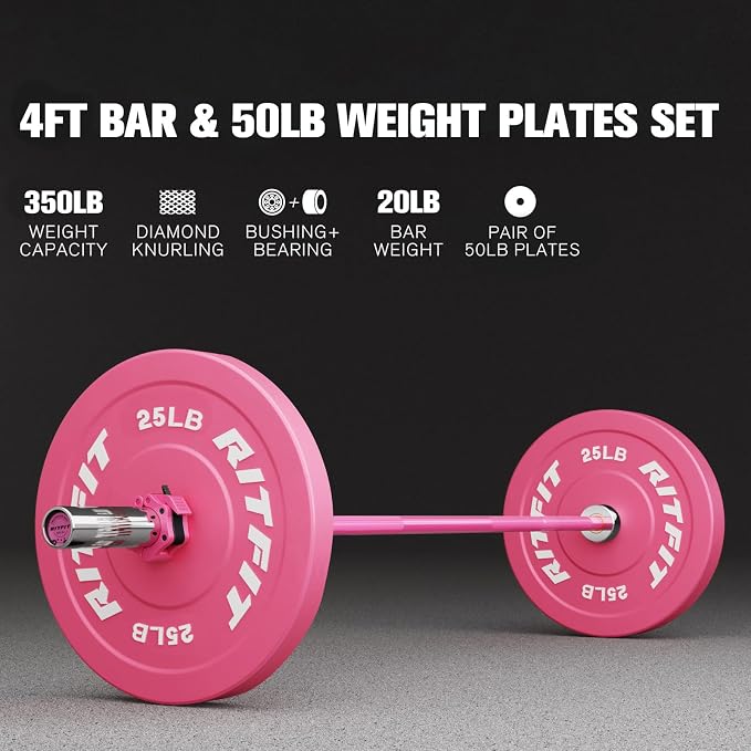 RITFIT Pink Olympic Bumper Plates with Steel Insert for Home Gym | High-Density Rubber with Low Bounce, 2-Inch Olympic Bore with Steel Insert, Pink Color for Strength Training