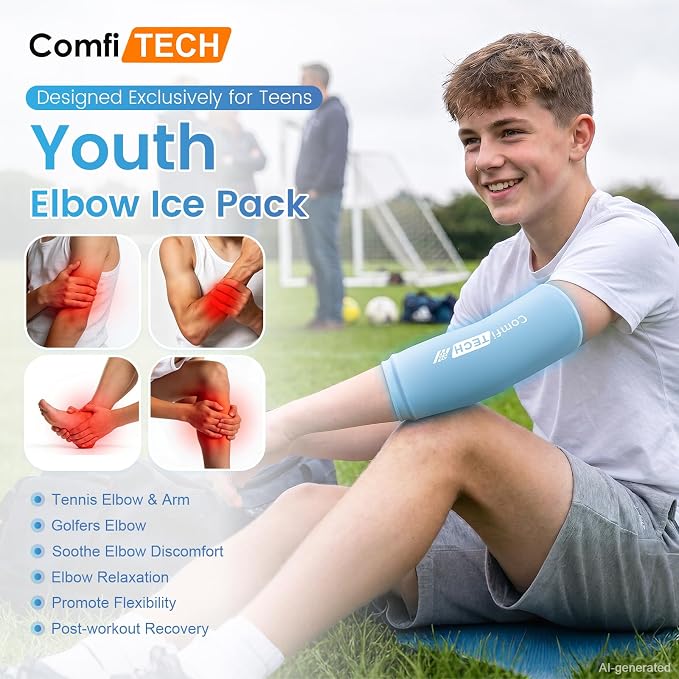 ComfiTECH Youth Elbow Ice Pack Wrap, Tennis Cold Sleeve, Medium | Custom fit for teen elbows delivers 360° cold relief to ease daily sports soreness and joint fatigue