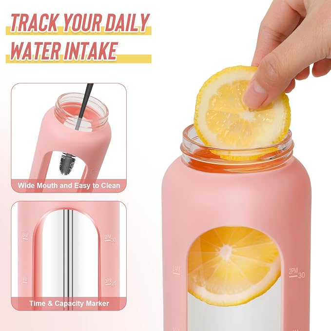 FULBEVY 32 oz Glass Water Bottle with Time Marker, 2 Lids & Silicone Sleeve