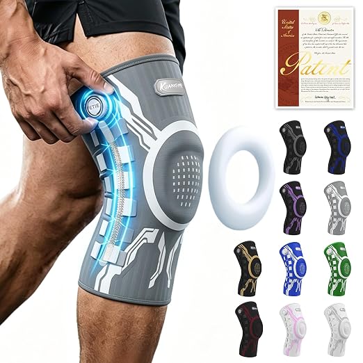 Kuangmi Knob Knee Brace for Pain Relief, Knee Support with Patella Gel Pad & Side Stabilizers, Compression Knee Sleeve for Workout, Arthritis, Joint Pain, Meniscus Tear (Gray White,Right,Medium,Single)