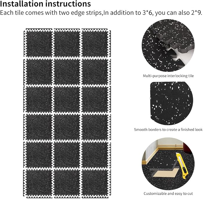 0.8in Thick 72 Sq Ft Gym Flooring for Home Gym, 18 Tiles Workout Exercise Equipment Mats, Rubber Top with EVA Foam, Interlocking Puzzle Floor Tiles for Fitness Room, Protective Flooring Mat
