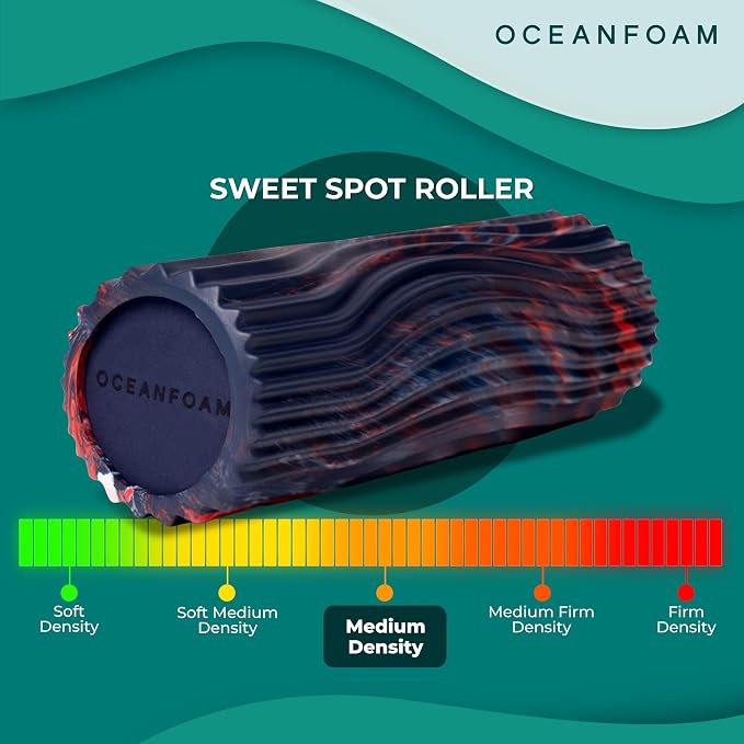 Oceanfoam Sweet Spot Medium Exercise Foam Roller 14"x5.5" – Medium Density Travel Foam Roller for Physical Therapy, Deep Tissue Massage, Yoga, Pilates, Wave Texture (Dark Navy, Red & Natural Marbled)