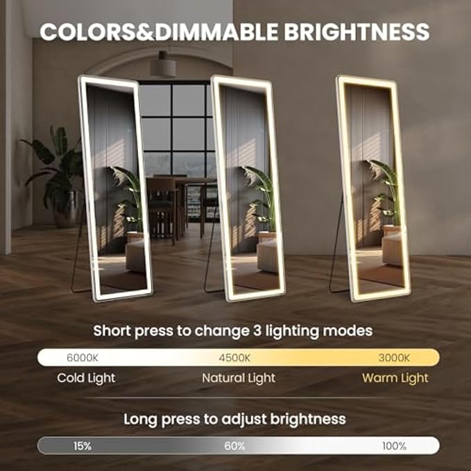 NEWBULIG 60"x16" LED Full Length Mirror, Full Body Standing Mirror, White | Leaning or Standing, Tempered Glass, Aluminum Alloy Thin Frame Floor Stand for Bedroom, Cloakroom