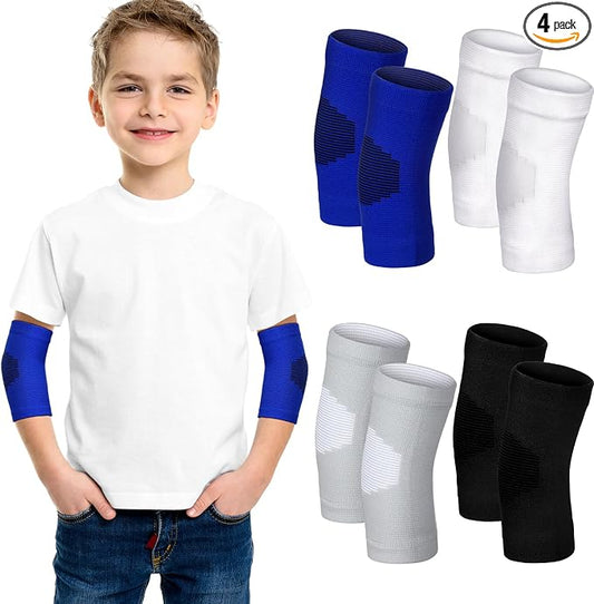 Lenwen 4 Pairs Kids Elbow Brace Compression Arm Elbow Sleeve Knit Guard Gym Protectors for Boys Teen Children Girls Basketball Volleyball Tennis Cycling (5-10 Years,Black, White, Blue, Gray)