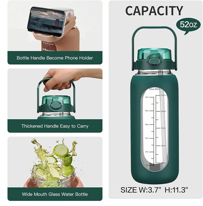 chunmo 42oz/52oz/64oz Glass Water Bolttles with Straw Half Gallon Large Motivational Water Bottle with Time Marker Sports Water Bottles with Silicone Sleeve and Handle Lid Water Jug for Gym Workout