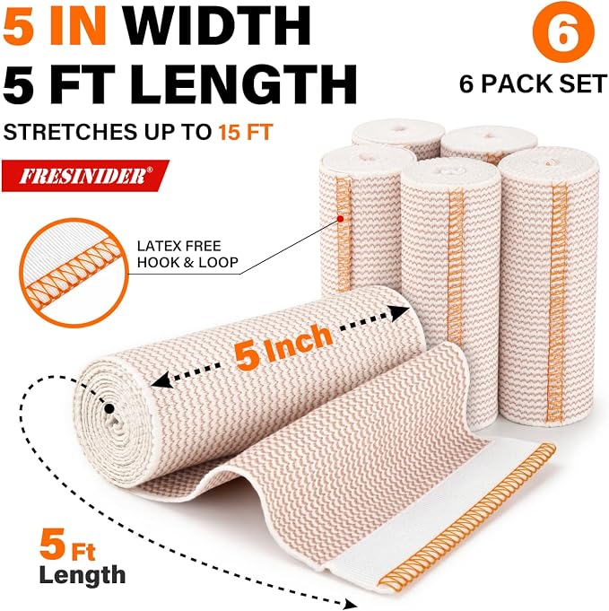 FRESINIDER Premium Elastic Bandage Wrap 5 Inch, 6 Pack, Hook and Loop | Wide 5-Inch Cotton Compression Wrap for Knee, Shoulder and Thigh; Firm Support for Sprains, Swelling and Sports Recovery.