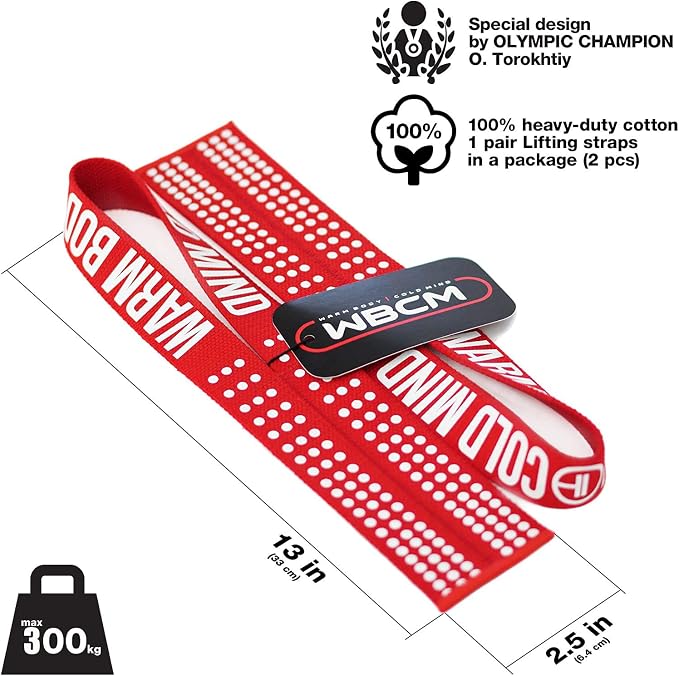 WARM BODY COLD MIND V1 Lifting Wrist Straps for Olympic Weightlifting - Rated at 660 lb - Hand Wraps for Powerlifting, Weight Lifting, Bodybuilding Functional/Cross Training, Deadlift Gym Bar, Cotton