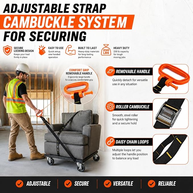 MULTUS Handle and Haul Moving Strap, 1 Handle - 1-Person Lift | 250 lb capacity, adjustable cam buckle; carries boxes, furniture, camping & hunting gear solo
