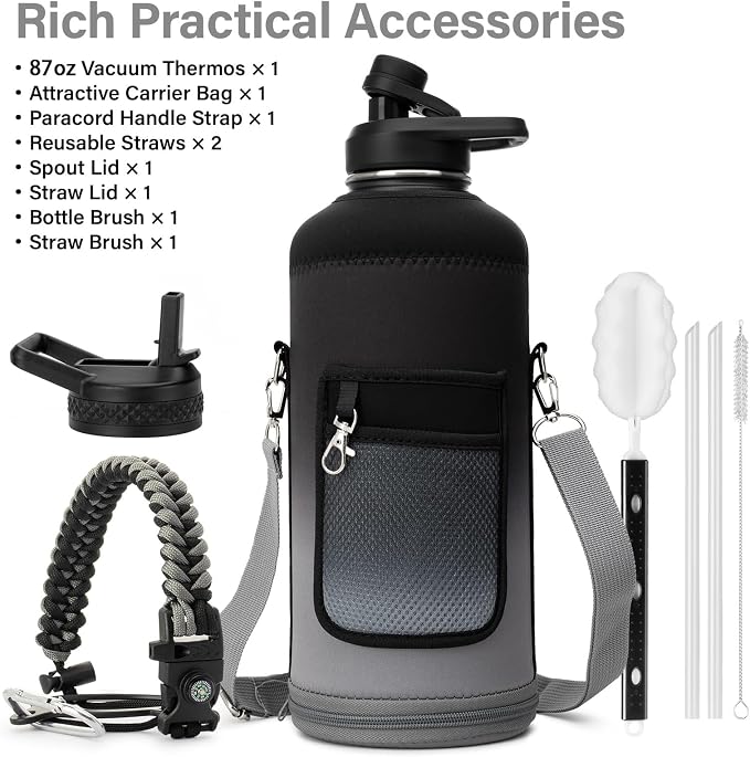 DYSANKY Insulated Water Bottle | Thickened Stainless Steel for Gym and Hiking with Straw, Carrier Bag, Handle Strap | BPA-Free 87 oz