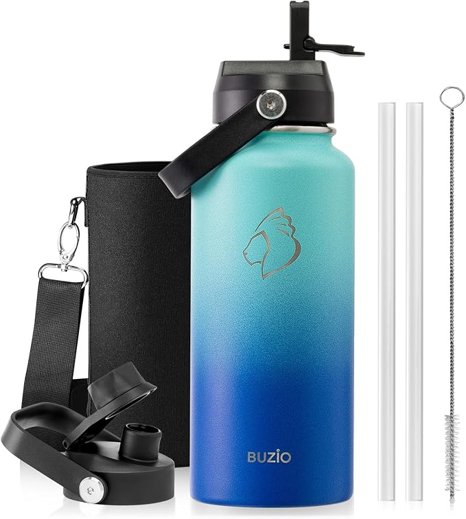 BUZIO Insulated Stainless Steel Water Bottle 32 oz with Straw & Spout Lids | Triple Wall Insulated Tumbler (Dishwasher Safe) ,Cold for 48 Hrs/Hot for 24 Hrs, Leakproof, BPA-Free, for Sports, Gym, School