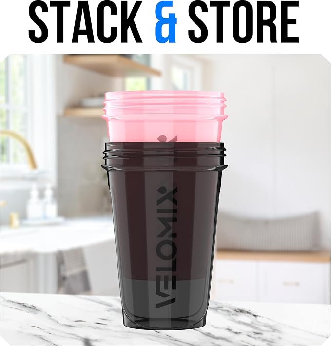 VELOMIX 2 Pack 20oz Protein Shaker Bottle for Protein Mixes, Pink/Black | 2x Wire Whisk, Leak Proof Shaker Cups for Protein Shakes, Stackable, Dishwasher safe, BPA free, Pre Workout and Gym ready