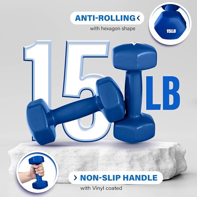 Yes4All Vinyl Hexagon Dumbbell - Dumbbells Set of 2 Hand Weights for Home Gym & Strength Training (2-15 lbs Weight Options)