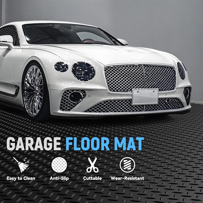 4x15 FT Garage Floor Mat, 2.8mm Thickened Diamond Plate | PVC Flooring Roll for Under Car/Golf Cart/Motorcycle, Garage Mat for Warehouse/Basement/Gyms/Trailer, Tapes Included, Black