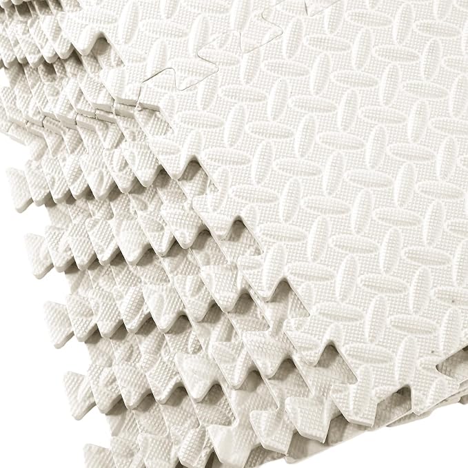 Foam Floor Tiles Foam Floor Mats Play Mats Bulk with Borders Interlocking for Bedroom Gym Nursery(11.8 x 11.8 Inch,Ivory White)