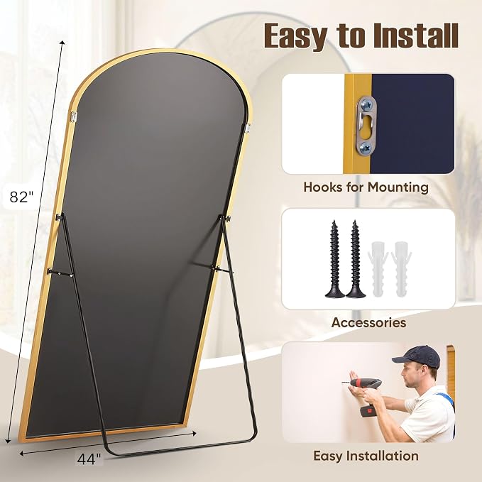 Full Length Mirror, 82"x44" Arched Full Body Mirror, Oversized Floor Mirrors, Leaning Free Standing Mirrors, Hanging Mounted Large Mirrors for Bedroom Dressing Room, Cloakroom, Gold